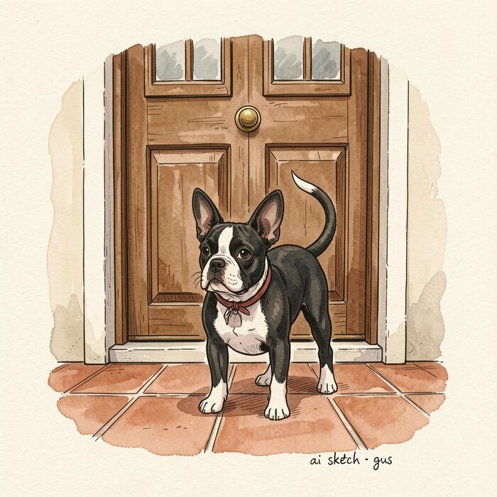 AI-generated sketch of Gus the Boston–Frenchie, sitting at the front door working out whether outside is worth it
