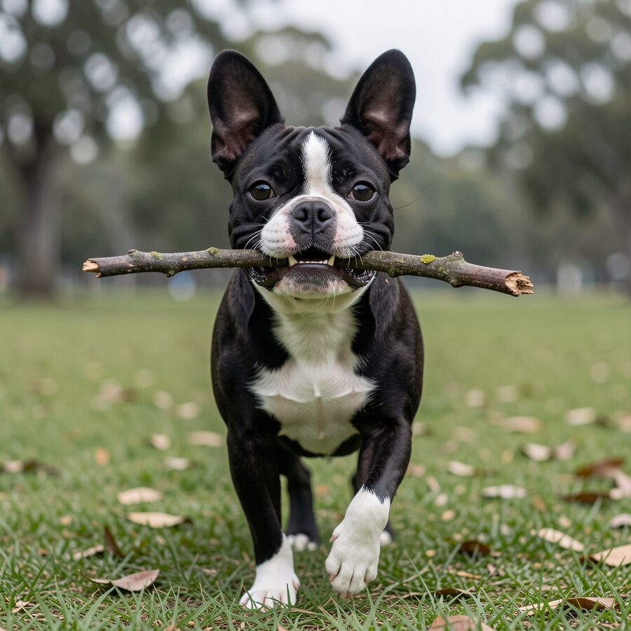 Gus the black-and-white Boston Terrier × French Bulldog trotting along a footpath with a stick clamped in his jaws, clearly not planning to give it back